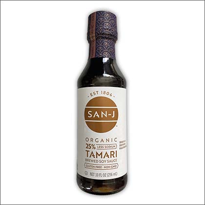 A bottle of SanJ Tamari Sauce